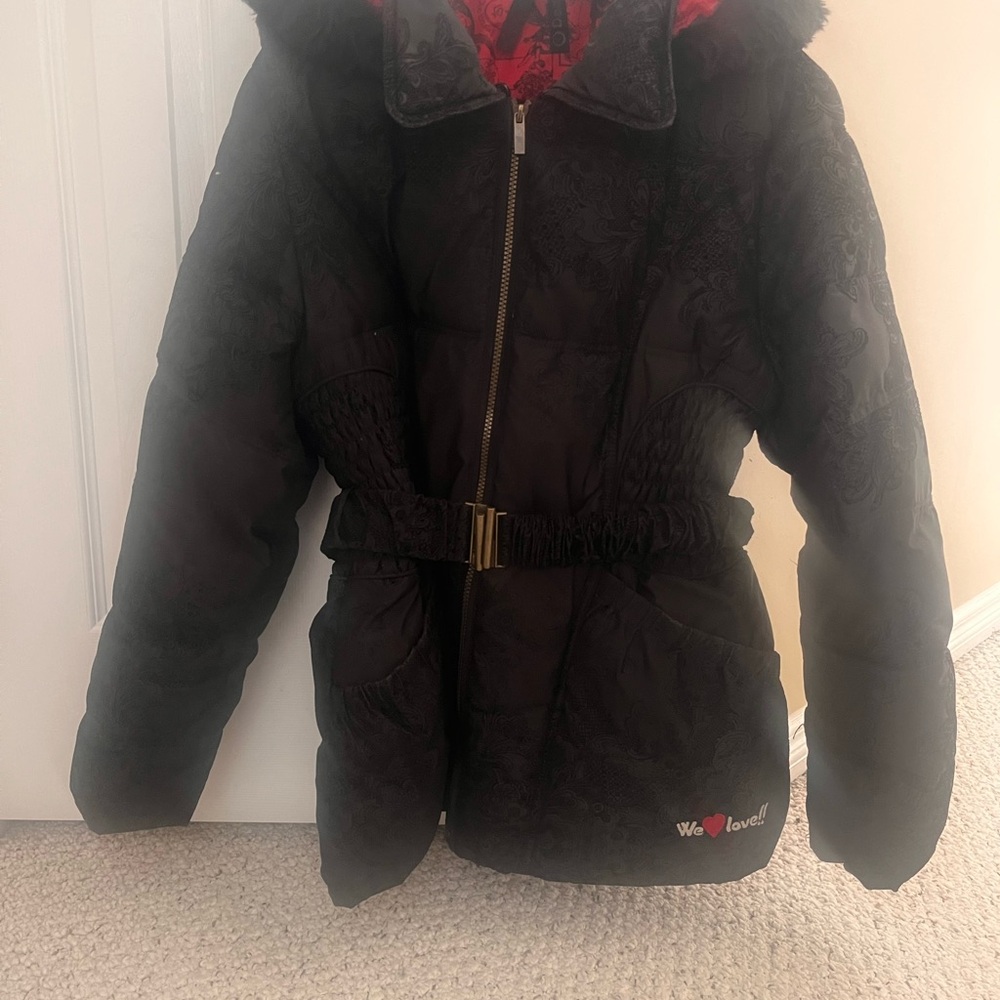 Black Hooded Puffer Jacket with Belt